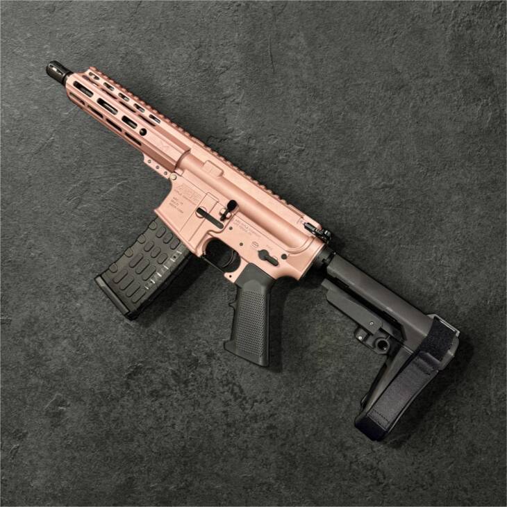 ABC Rifle Co. AR-15 Semi Auto .223 5.56 Pistol 7.5″ Barrel 7″ Custom D-Cut Front MLOK Handguard-ROSE GOLD w/ SB Tactical SBA3 Brace