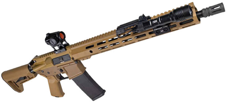 Shark Coast Tactical Sunrise Bundle 5.56 NATO 16" Black Nitride Threaded Barrel, Tri-Tone FDE Cerakote, Magpul SL-K Black Polymer Stock, StreamLight ProTac Rail Light & Vortex Crossfire Red Dot