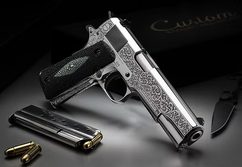 Colt Government 1911 TUXEDO Model Pistol Engraved 38 Super STINGRAY GRIPS
