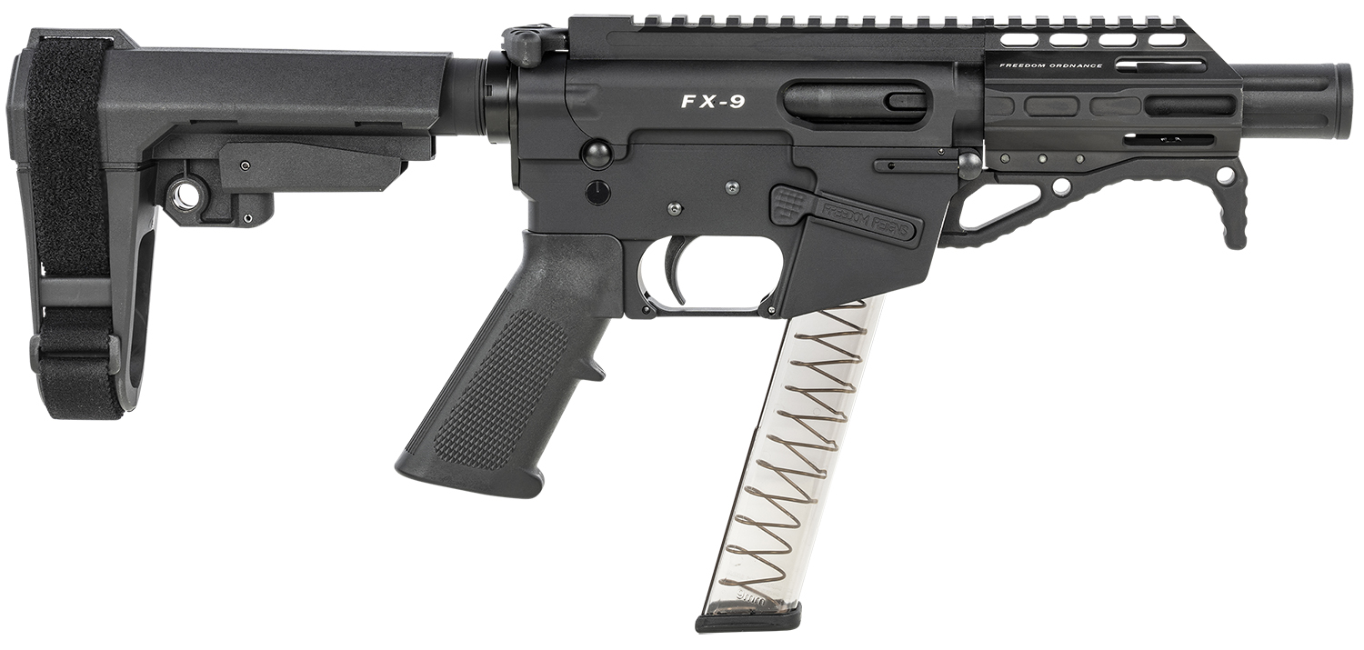 Freedom Ordnance, FX9, Semi-automatic, Pistol, 9MM, 4" Barrel, Faux Suppressor, Anodized Finish, Black, SBA3 Pistol Brace, Freedom Ordnance Angled Fore Grip, 32 Rounds