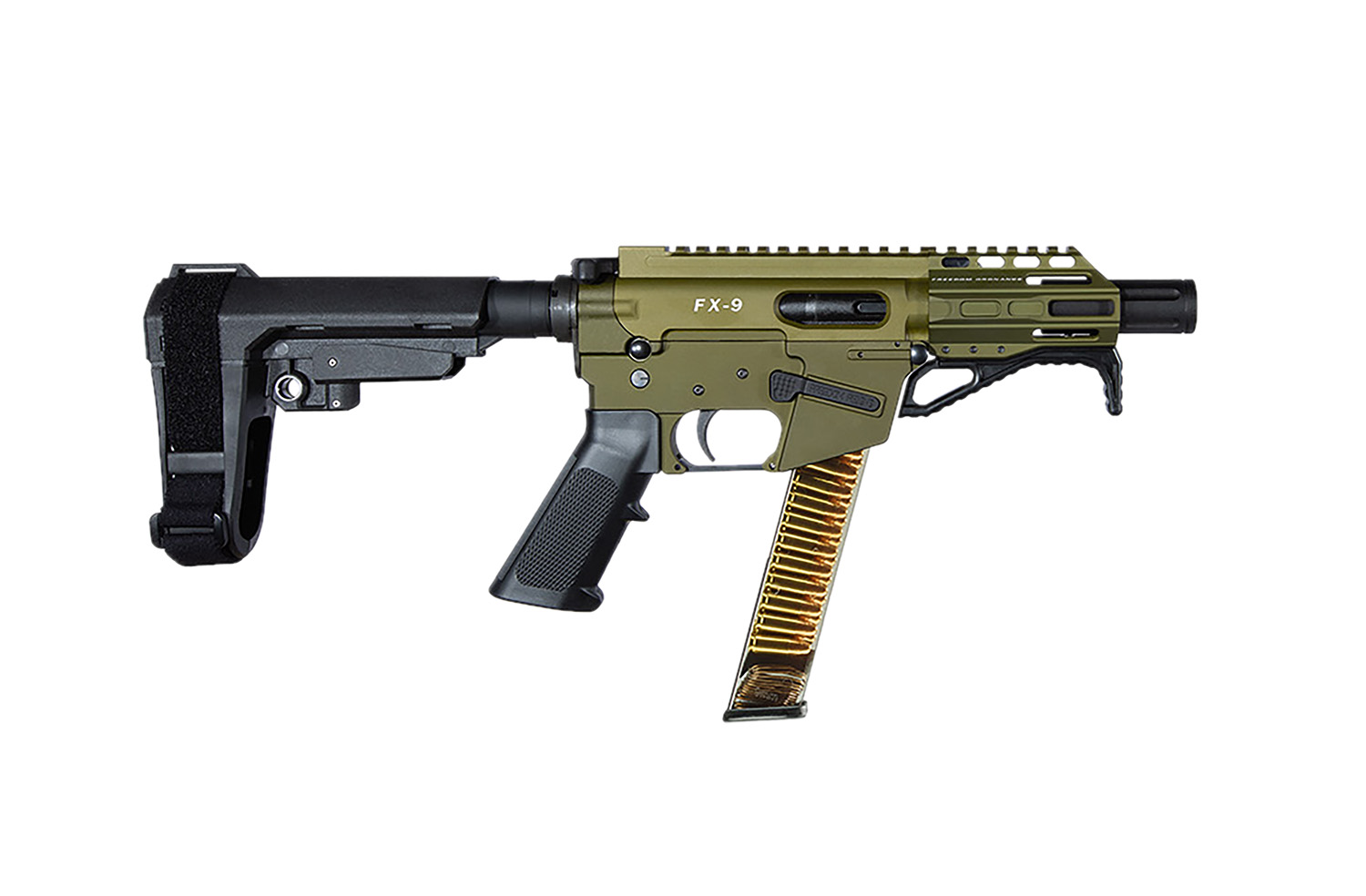 Freedom Ordnance, FX9, Semi-automatic, Pistol, 9MM, 4" Barrel, Faux Suppressor, Anodized Finish, Olive Drab Green, SBA3 Pistol Brace, Freedom Ordnance Angled Fore Grip