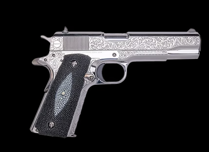 CNC CUSTOMS Colt Government 1911 TUXEDO Model Pistol Engraved 38 Super STINGRAY GRIPS