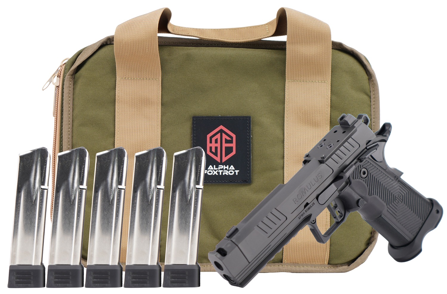Alpha Foxtrot AF1911 Romulus Bundle 9mm 4.25" Comp Bull Barrel 20-Rounds OR 5 Mags, Carry Case